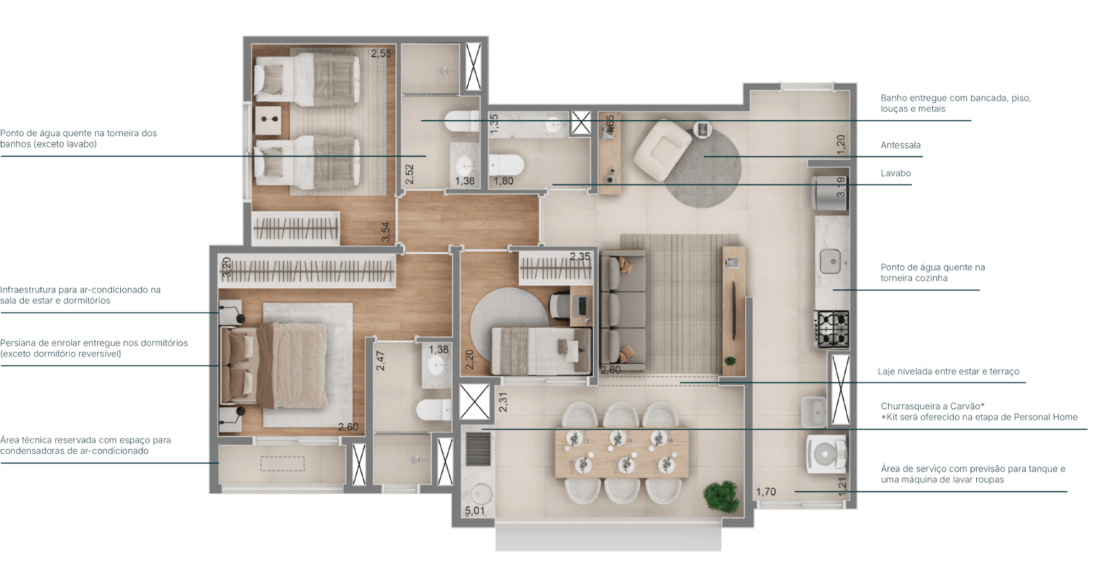85 m² | 3 dorms - 1 suíte